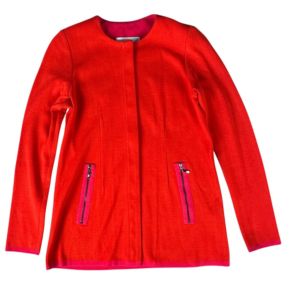 Misook Red Pink Contrast Trim Full Zip Knit Jacket XS Sweater